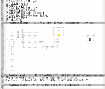 Emacs上での JNetHack のプレイ画像