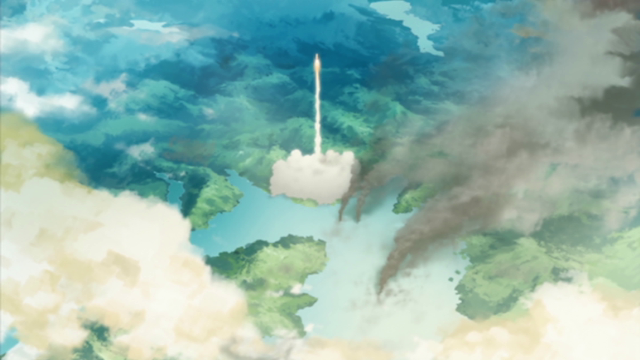 アルペジオ第一話サブタイトル直後の打上げ鳥瞰カット